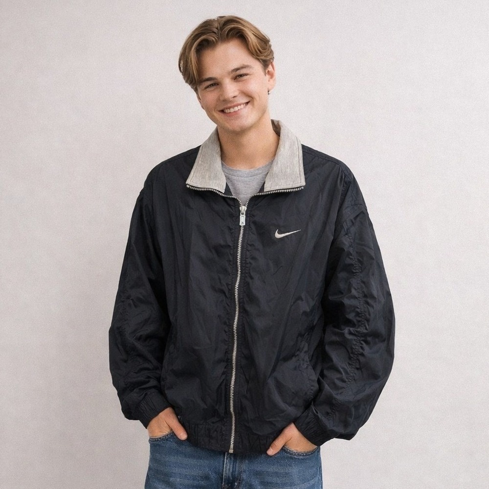Vintage 90s Nike Windbreaker Jacket Black Silver Swoosh Logo Collar Size‎ Medium